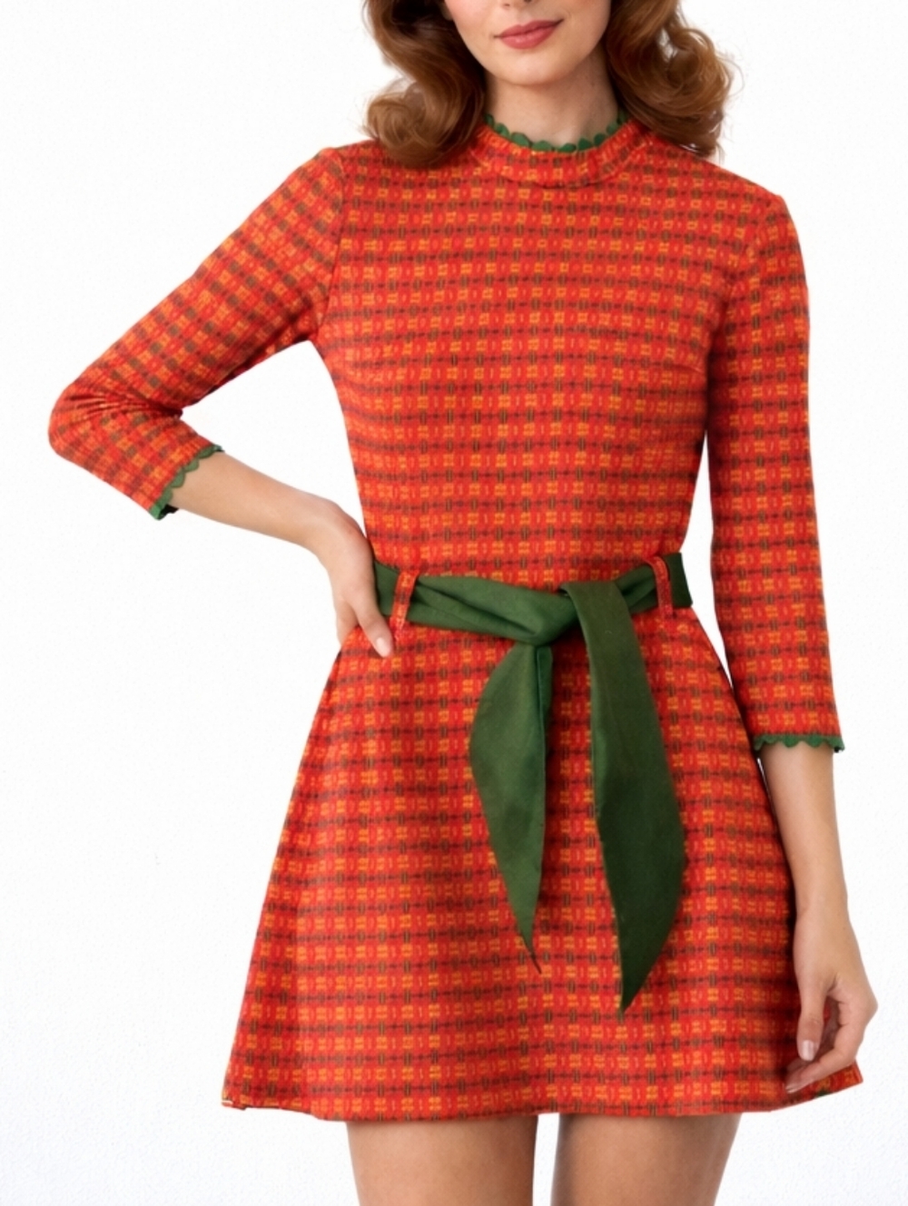 1970s Vintage Orange-Red Green Gen-way Cali Waistband RicRac Mini Dress Dress #3